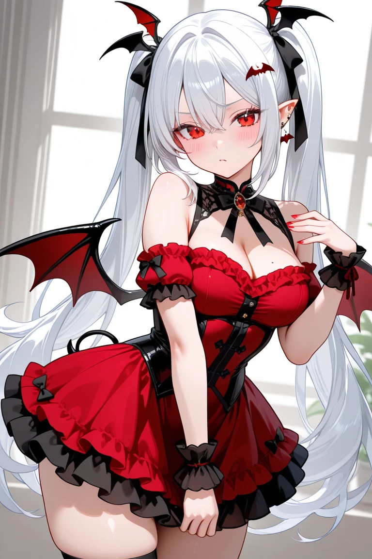 ((worst quality, low-quality)), ((Rabbit eared girl)), Solo, ((Big breasts)), ((Long silver hair)), Hair over one eye, plump shiny lips, Beautiful clear eyes, Spoken Heart, ((Dracula)), vampire, Gothic lolita, fishnet tights, embarrassed, Leaning forward, (((the bats))), (Suspicious light, Red Moon Light:1.4), (( Moon with a red background,old castle:1.3)), high-angle shot, masutepiece,Best Quality,ultra-detailliert,