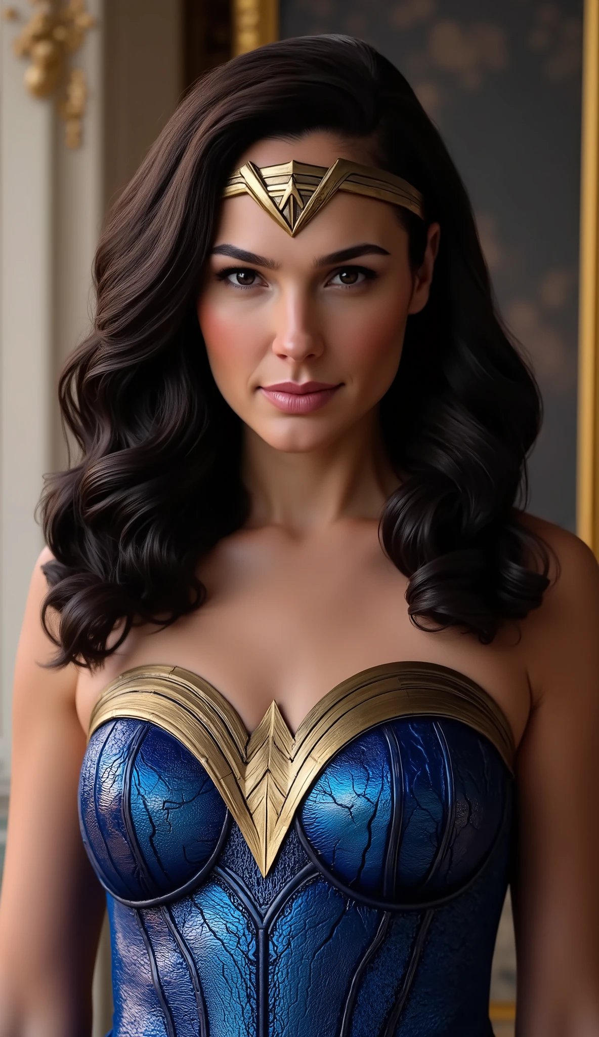 Make Gal Gadot hyperrealistic dressed in luxurious blue clothing in a luxurious place hyperrealistic background, upper body in 8k