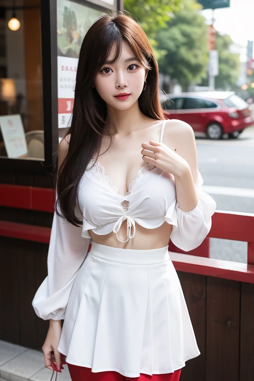 Beautiful girl wearing hairpin，sitting on the steps，looking at camera， Show cleavage，v collar，super sexy，Optimize posture，HD，Super detailed，mini skirt，extra large breasts，pink hair，long hair，wear exposure，Mesh stockings，Showing thighs，sexy pose