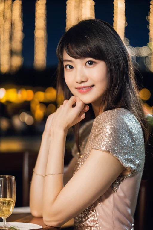 High resolution、high resolution、8k、Real Live Action、(((Tabletop:1.4, highest quality:1.4)))、Physically Based Rendering, Portraiture, Super beautiful sexy woman, 18-year-old, Large eyes with great detail, Fine thin eyebrows, Eye highlights, half-up dark brown hair, Highly detailed face and skin texture, Sharp focus, Clear focus:1.2, Slender Beauty:1.4, ((Big Breasts:1.5)), Slim Abs, Oval Face, Lip gloss, Distinct facial features, A kind smile, Are standing、(((Tight black glitter dress)))、Lift the dress yourself, Exposing shoulders, No shoulder strap, No sleeve, No arm covers, ((European cobblestone road at night:1.4)), Warm street lights,(((Beautifully aligned and white teeth)))、Sparkling eyes、Sparkling eyes、Lip glossでツヤツヤの唇に、