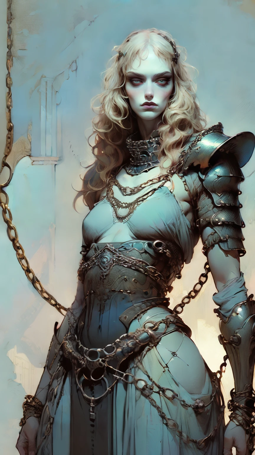 European woman, (((wide hips))), 8k, absurd res, ((wide eyes)), flawless face, girl with a soft body, ((chubby)), same girl, 1girl, average mature body, natural body, ((super wide hips)), full body image, 1girls, solo, masterpiece, highly detailed, flawless eyes, expressive detailed eyes, pale skin, wide eyed, detailed pupils, realistic skin, some freckles, realistic skin texture, ((small breasts)), blushing, super detailed skin, smooth background, shy face, analog style, (chin length hair), ((pale blue wavy hair)), dark blue wallpaper, (broad fat hips), grasping for the viewer, ((wearing a chainmail armor)), dark moody atmosphere, (full body image), (metal greaves and gauntlets)