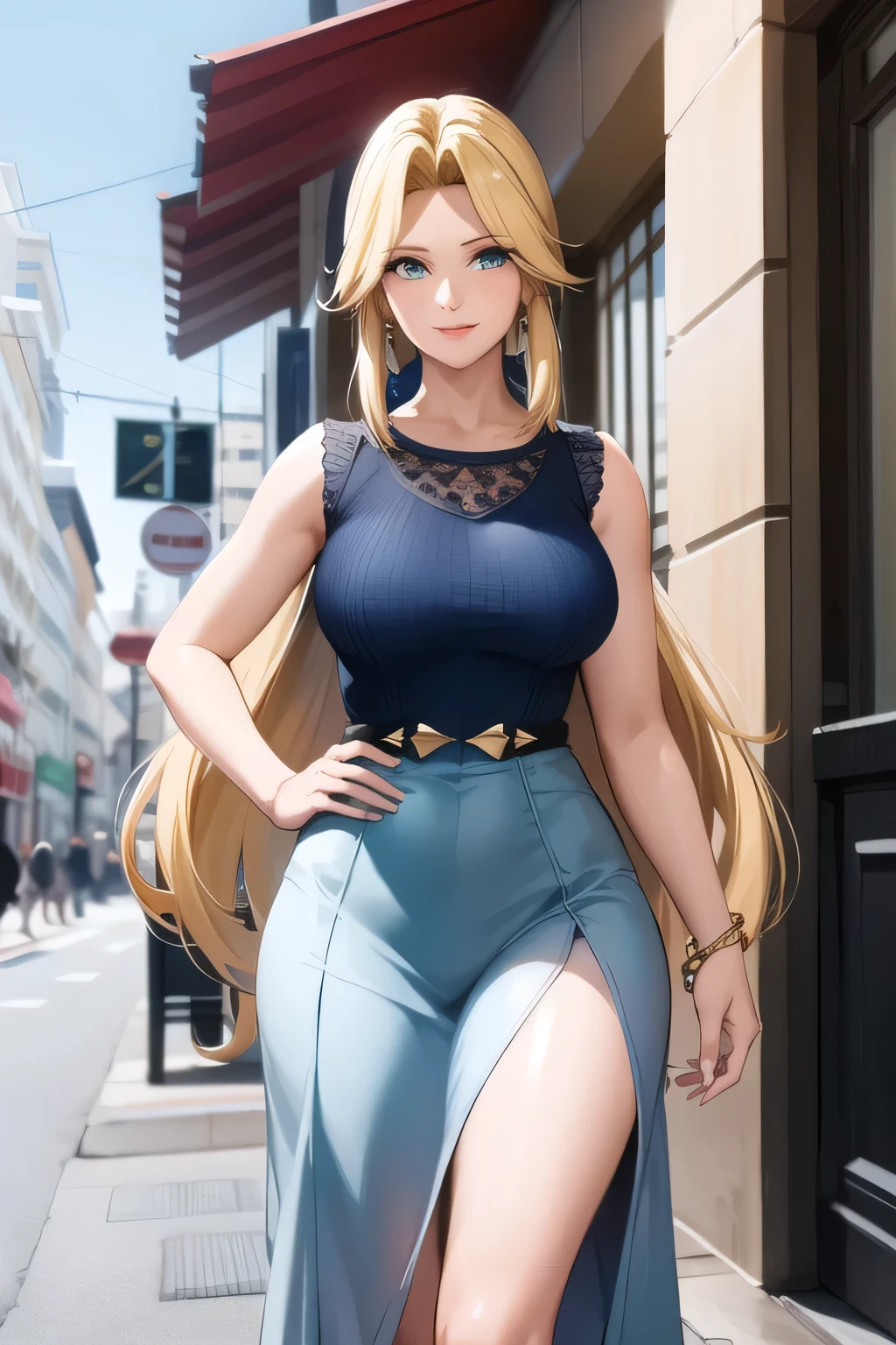 Beautiful round medium breasts, 1girl, ((Blonder hair, Beautiful straight hair, Hair parted on the right side)) ((Girl, cute girl face)) light azuis eyes, has an beautiful sensual body with freckles, with full breasts and thin waist, HIP HOP Beautiful and cute Long black pleated skirt, spaghetti strap blouse, tank top, fabric delicate, has a bold appearance. young, quality, realistic, best quality, cute expression, pink lipstick lips, Cute smile, Walking in pose on the street, trees and buildings