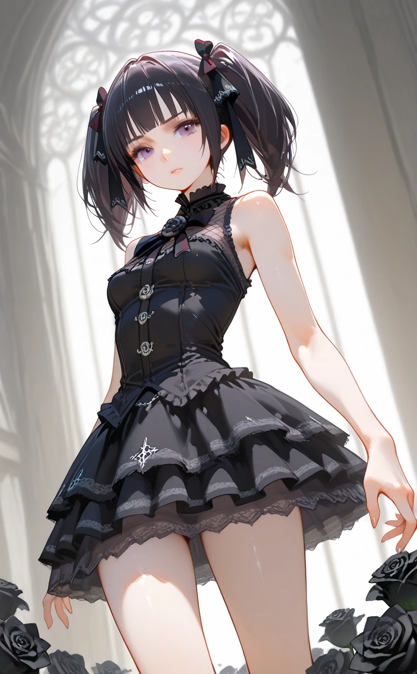 Highest quality、Black Hair、Iris、short hair、、cute、、、Small hair ornament、1 person、Mini skirt dress、Panty shot、Mysterious fog、In the fog、Thick Fog、in the forest、A melancholic look