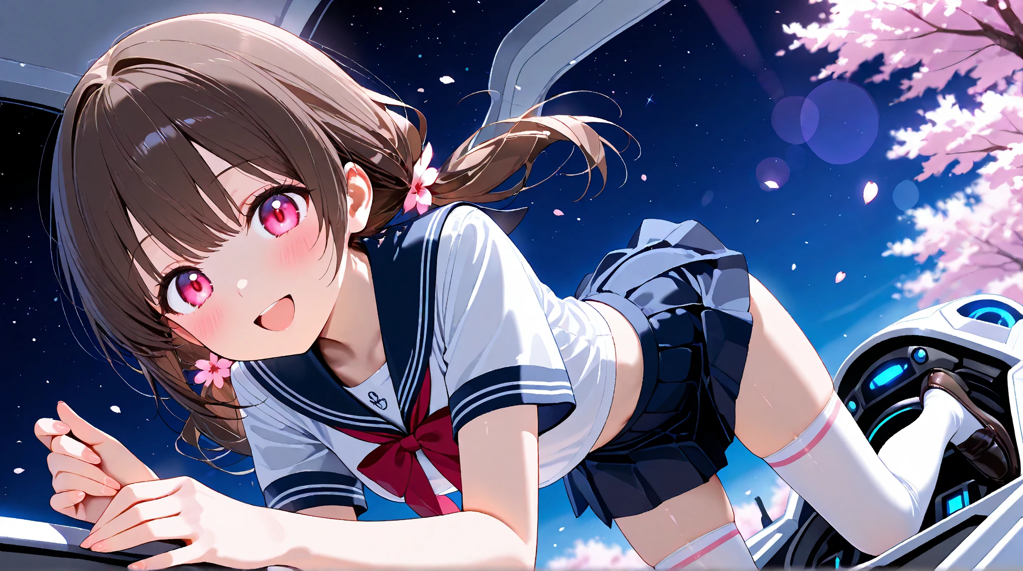 Shinjuku skyscraper district full moon night Big Moon primary school girl 8 years flat chest black fur wide The eyes are purple. ((1 person)) Cardigan over long sleeve white sailor uniform. Navy blue full body show panties lower body