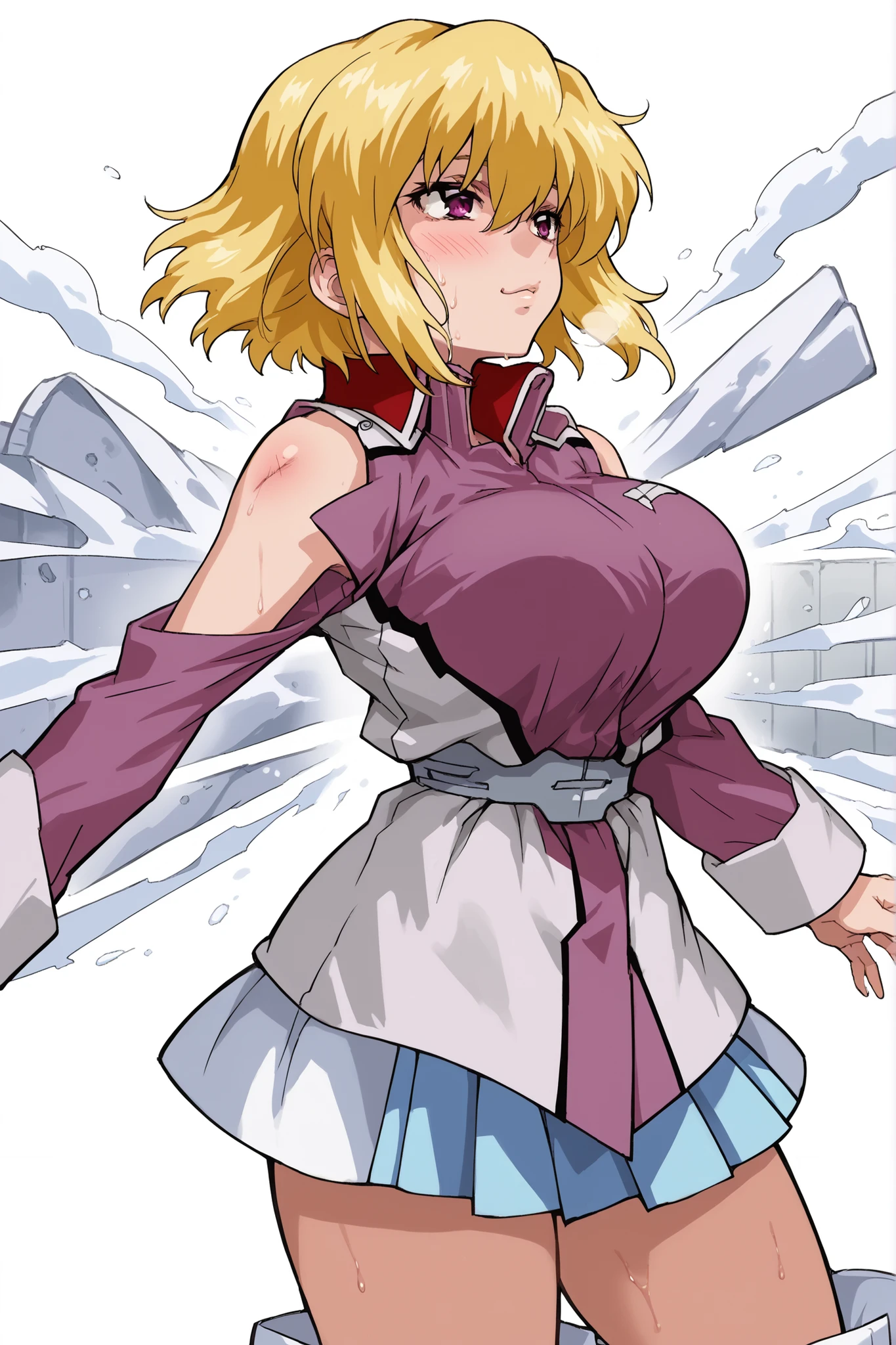 score_9,score_8_up,score_7_up,score_6_up,score_5_up,score_4_up,anime coloring,source_anime,anime screencap,stella,1girl,solo,purple eyes,blonde hair,short hair, pink jacket,shoulder cutout,blue one-piece,thigh boots,portrait, solo, be shy of, blush, huge breasts, slender waist, wide hips, big thighs, collapsed breasts, heavy breathing, Sweat stains everywhere, arena, dynamic angle, grinning, struggling, grinning, confident, naughty face, dutch angle, wind, blowing hair, blowing clothes,, bouncing breasts, sweating, white background, arched back, in action, leaping forward, ((dodging, evading)), from side