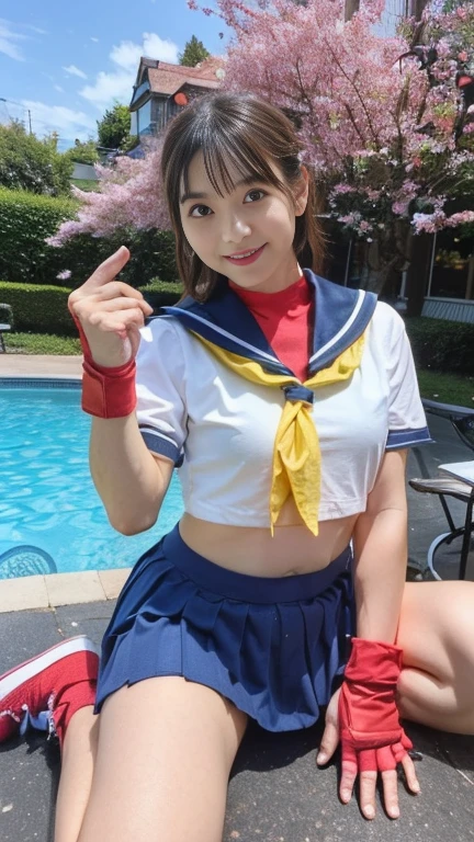 Shoreline Road, the front, angle from bellow, straight haired, Sitting on a park bench、(((open one's legs))), (realisitic: 1.4), (The skirt flips up(, ((Red panties are visible.)), beautifully detailed girl, extremely detailed eye and face, Beautiful delicate eyes, huge filesize, hard disk, ighly detailed, top-quality, ​masterpiece, (((Sailor Moon Uniform)), ighly detailed, nffsw, 8k wallpaper, magnifica, finely detail, top-quality, Highly detailed ticker uniform, face lights, 电影灯光, a 18 year old girl,, cleavage of the breast、full body Esbian