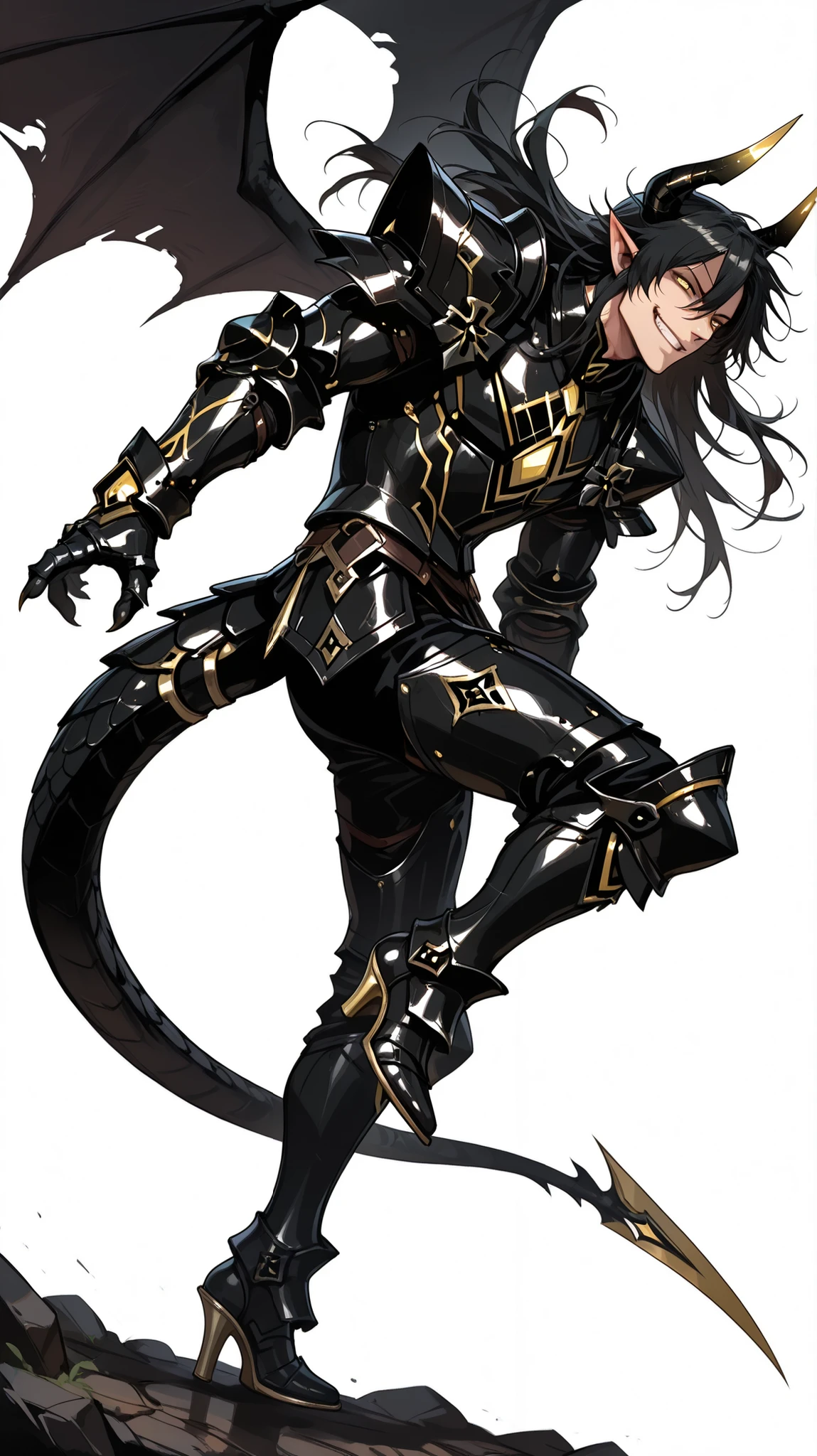 score_9, score_8_up, score_7_up, absurdres, 128K Ultra High Resolution, (masterpiece, best quality: 1. 5), high definition, highres, 8K wallpaper, CG, (((Anime))), (1 male), solo, lean body, (masculine), (floating in the air), weredragon, japanese anime style, glossy black, shiny black leather, ((beautiful golden eyes, finely detailed eyes, bright eyes, vertical iris)), hair between eyes, black hair, long hair, sideburns, wild hair, unkempt hair, (sly grin, smirk, evil smile), teeth, confident, ((ultra detailed face)), shiny skin, long pointy ears, twisted torso, long-legged, sculpted face, wasp waist, dragon horn, dragon tail, dragon wings, dragon sharp claws, (black armor with a lot of grandiose decorations), half dragon half human, dramatic angle, (dynamic pose, combat pose: 1. 5), ((ultra detailed black armor)), black armor with gold accent, all black outfit, full body, emphasize face, focused expression, sharp focus, good-looking man, well-polished black armor, (best illustration), cinematic, dramatic lighting, (intricate detail, extreme detailed, super detailed: 1. 5), ((highly detailed artwork)), dramatic shadows, tenebrism, wonderful pose, chiseled features, stark contrast, heavy shadows, detailed black decorations, beautiful and aesthetic, photoreal, from side, (mysteriously crafted black metal armor: 1. 5), sparkling accessories, thick and luxuriant hair, ((ultra detailed fantasy black armor)), dressed in black, broad shoulder, true-to-life visuals, artistically refined, dramatic contrasts, ((extremely delicate and beautiful armor, elaborate armor details)), ((dark armor, stylized armor)), exquisite goldwork, wonderful black armor, armor with intricate engravings, ((armor-type high heels)), ((detailed shoulder armor with intricate engravings, gold accent black armor)), very gorgeous and dazzling, ((dark fantasy black knight)), slim waistlines, wide chested, sinewy body, (((Hyper Detailed & Perfectly Designed Black Armor))), (simple white background), windy