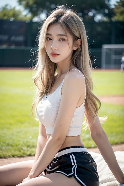 beautiful girl, France national football team shirt, Beautiful eyes, fit, sexy, Jeans shorts, blonde hair