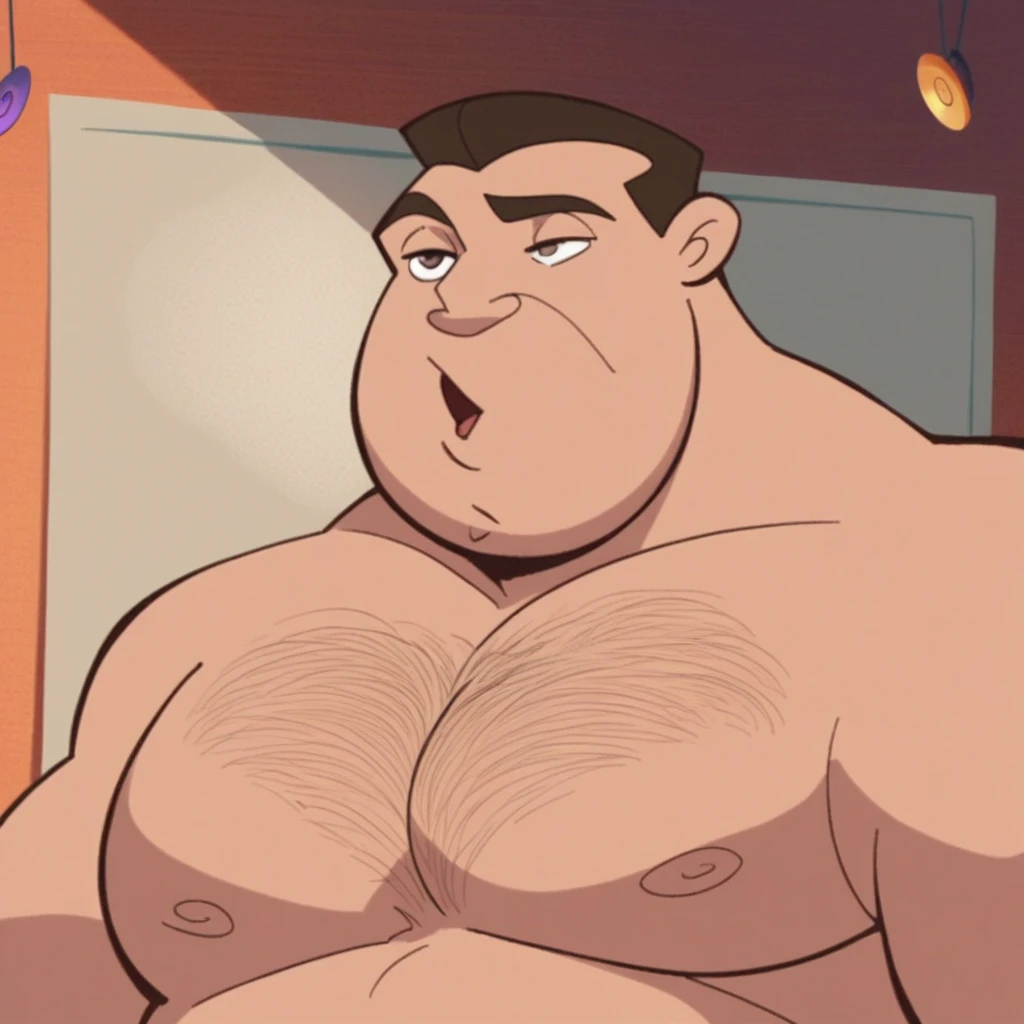 3d image realistic of young man, atractive, fat, with brown eyes and black hair, in the background a room