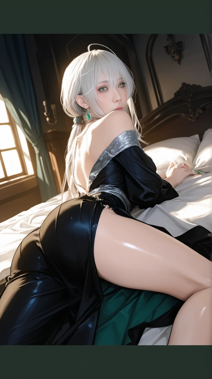 ((best qualtiy)),((SuperiorQuality, 8K, tmasterpiece: 1.5)), Pubic area is clear: 1.2, Perfect body beauty: 1.4, Large of breast, Silvery hair, lace-pajamas,wetted skin, Sleeping on the Bed,Ass pouted,Ass pouted,Round butt,ass big,back stance,back stance,Film texture,