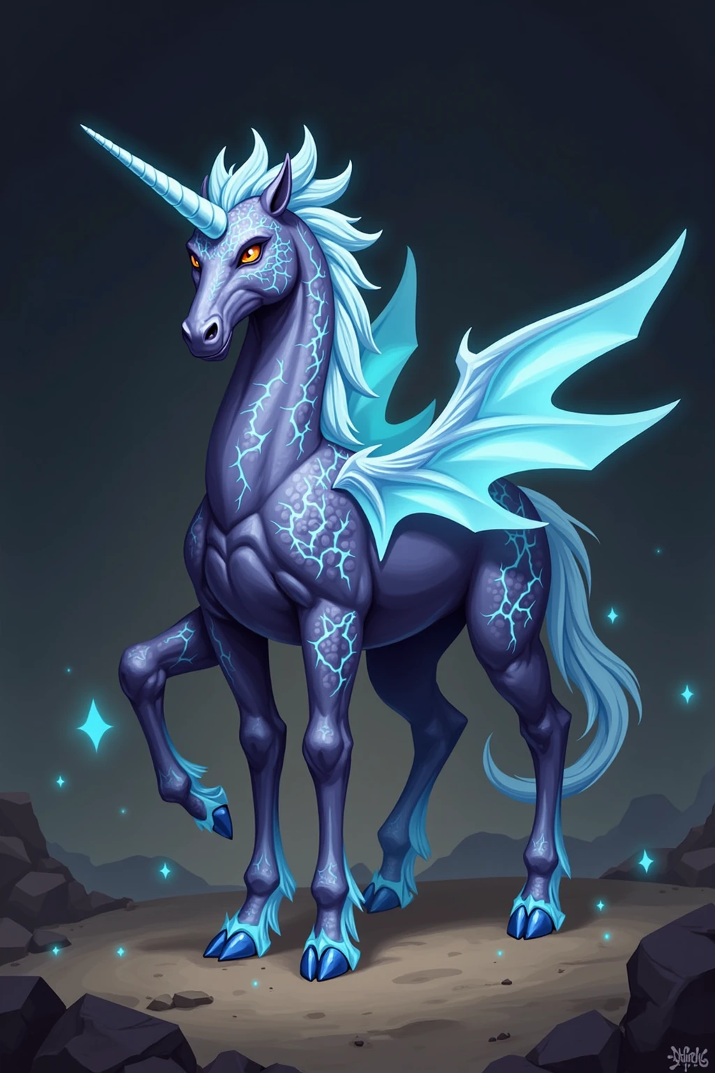 🌟 Legendary mount — "Aeternis, The dimensional breaker"
🐉 Konzept:

A divine hybrid, that dominates all elements and dimensions — created from the dreams of the ancient gods and the bones of time itself.
📐 Design:
body type:

    Gestalt: A fusion of dragon, Pegasus and Leviathan

 Front half: muscular dragon body with shimmering, steel-blue scales

 Back half: Ghostly translucent horse body (like frozen fog)

        Wings: Three pairs — two from light (for the sky), zwei aus Schatten (for the dimensions), two from hydrogen scales (for the sea)

Kopf & mane :

    Gesicht: Noble as a unicorn, aber mit den feurigen Augen eines Dämons

    mane : Moves like liquid starlight (leuchtet im Dunkeln)

    Horns: From broken spacetime (do the air around them)

Beine & Bewegung:

    Vorderhufe: Aus Lava-Gestein (leave glowing traces on land)

    Hinterhufe: Aus Wasser, das nie gefriert (runs over waves like glass)

