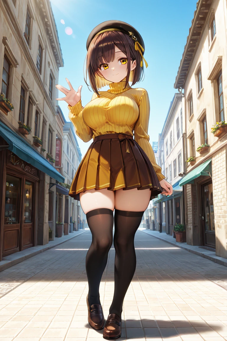 merula, thighs, tonified legs, solo girl, yellow high heels, wide hips, medium breast, yellow string belted skirt, sitting