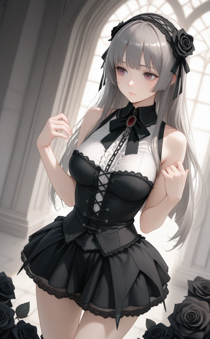 [black:aqua:0.65] theme, masterpiece, a girl's masterpiece, detailed visual art, blue eyes, silver hair, long hair, collarbone, queen, mature, elegant, gorgeous corset, corset piercing, detailed layered skirt, [detailed frills: 0.1], [frilled dress: 0.1], embroidery, [details princess dress: 0.1], off-the-shoulder, big breasts: 1.3, open crotch, thigh seam, groin, high-heeled over-the-knee boots, [NSFW|uncensored], (simple background: 1.1), low-winged, full-body --auto