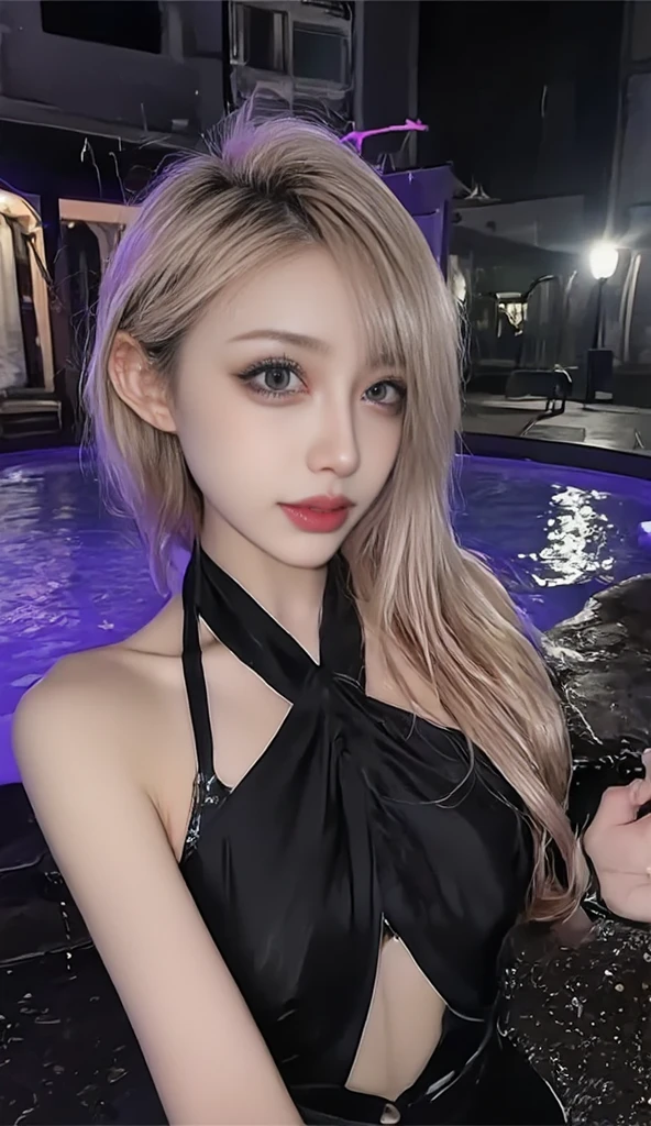 (in 8K、top-quality、masterpiece:1.2),Depicts the upper body,Upper body,look up at viewer,crossed arms,The bikini,17-year-old Korean,big round chest、cleavage of the breast、fair white skin、shiny white skin,Beautiful eyes、beautiful eyes finely detailed、elongated eyes、pale pink blush、long eyeslashes、Beautiful double eyelids、eyeshadows、Beautiful ribs、a necklace,, Wet skin, Wet hair,Night Pool,swimming pools