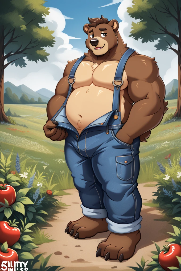 Crie uma obra de arte digital no estilo pop art, featuring a morbidly obese bear, chubby, extremely thick thighs, large belly, wearing a tie and unbuttoned white t-shirt ,socks and sleeping shorts,, Plantas, Sozinho, Macho, velho, maduro, sobrepeso, cabelo cinza, cabelo curto, bigode, peito peludo, pelo marrom, corpo marrom, urso, Pesado, grande, grande, cinematic color scheme, surrounded by vintage flower patterns, energetic strokes,the climate must be dynamic, tronco, desenho, illustration, escala de cinza, tropical, fruit fertilizer, fertilizer plants, Muitas flores, Vetor, pintura, fundo de profundidade, inspirado em Shiba Kokan, Front view image