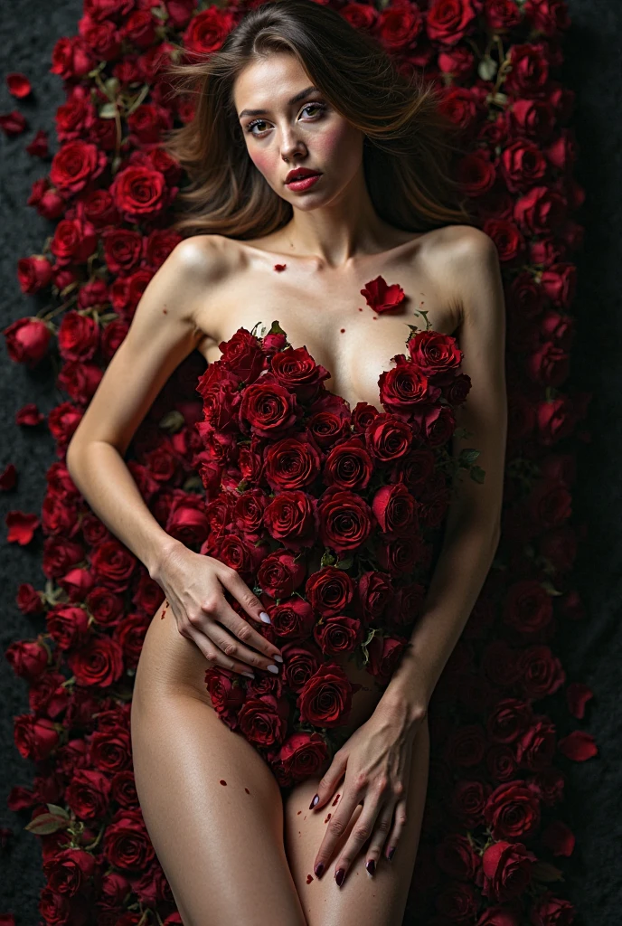 Elizabeth Debicki covered in roses all over her body and naked with a smile