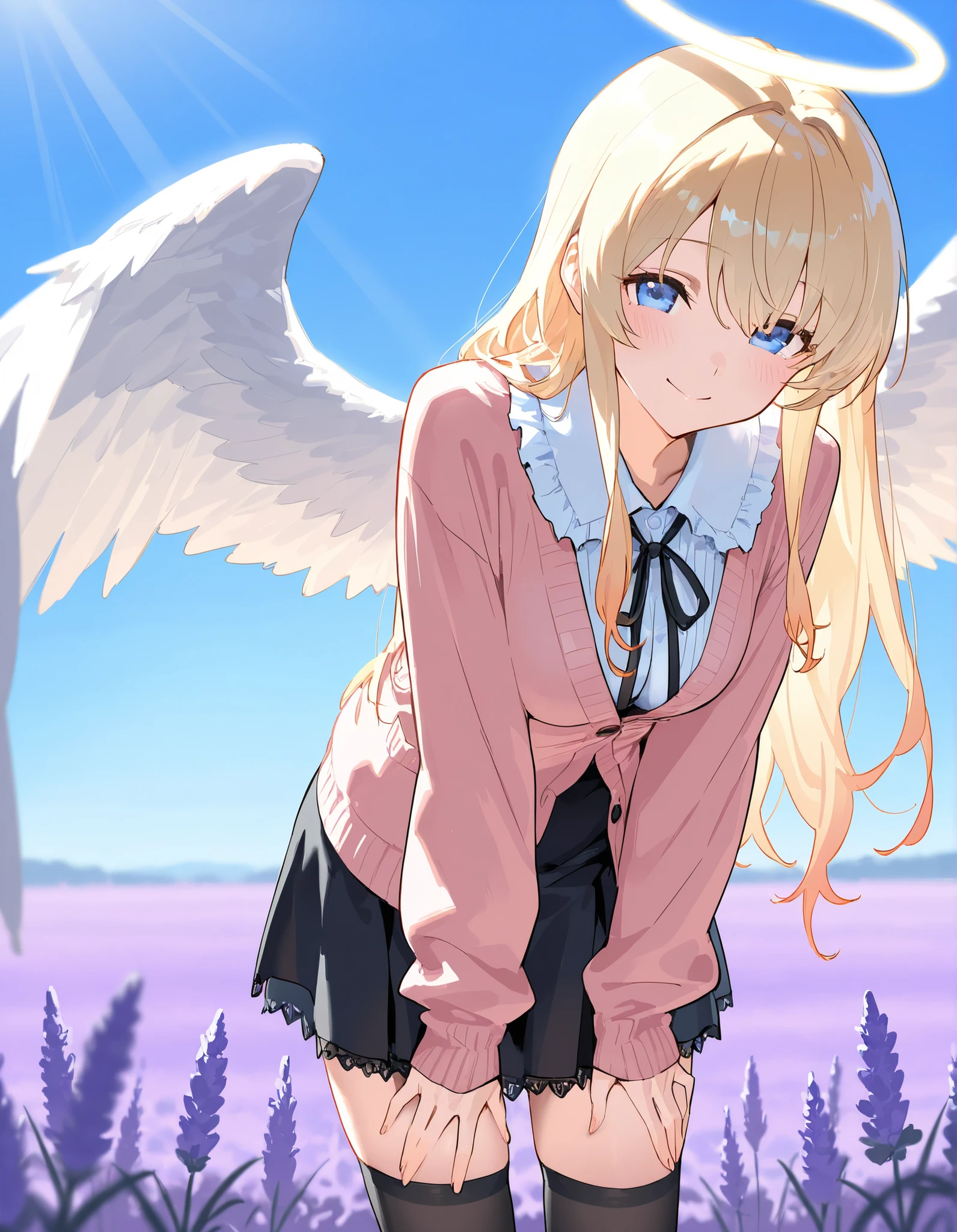 A girl in the center of the image、frontage、Angel wings、read a book、sit a chair、Blue background、Best Quality、animesque