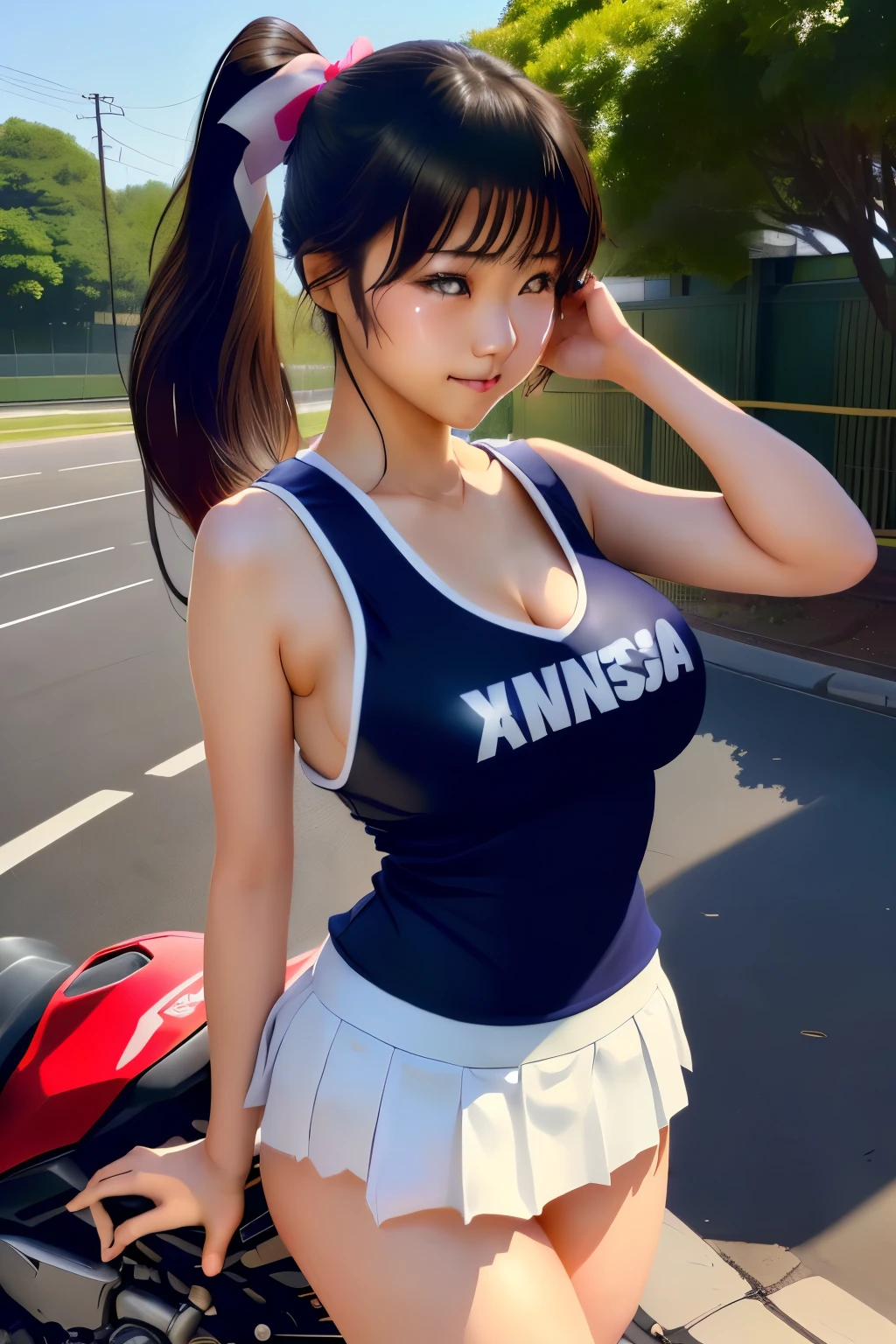 (4 k、top-quality)、(realisitic、Photorealsitic)、(Yakian)、
1girl in、独奏、fullllbody、(face to the viewer)、
perfect hand、up looking_で_the viewer、
whiteshirt、
Daytime、Circuit field、finerly detailed face、wearing round glasses、Slightly chubby、The best smile、You can see the double teeth、white hairband、Light brown long curled hair,,(super gigantic breast, cleavage:1.2),(race_queen:1.3), (Cameltoe),35 year old、Panty T-back、Nogizaka Idol、actress、Korean Idol、hposing Gravure Idol,place one's arms behind one's back,raise both arm,(Aside)、