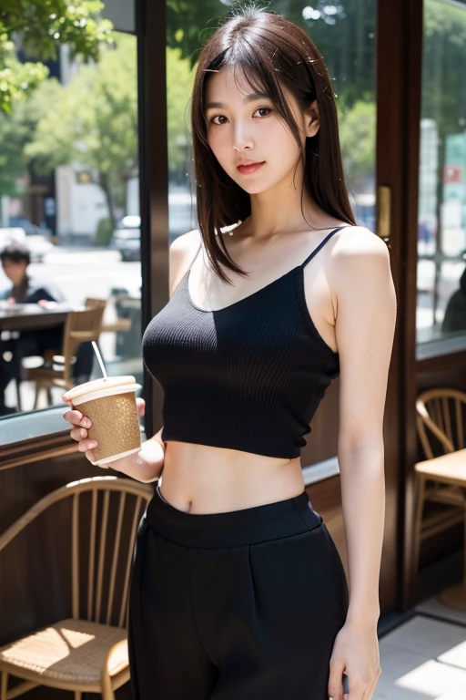 ((best quality)), ((Masterpiece)), (details), Perfect face Asian woman Wear a small tank top Chor Loi Sak Lek Wear a short skirt Put the canvas backing in the bag. Sitting in a KFC restaurant