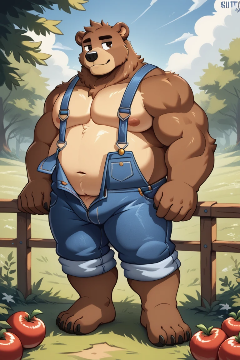 By adios art antro by the little old bear_rusty), red scarf, (Old bear ), old daddy , obese and muscular , naked, simple background, ultra detailed, pose natural, (voluminous:1.3) body_sexy , standing, by honovy, correct claws in five of paws in dark , manly,very Bulge, bulk, fur in brown, claws in five,  naked blue overalls,holding hacha, nice nose_dark brown lying in sofá 