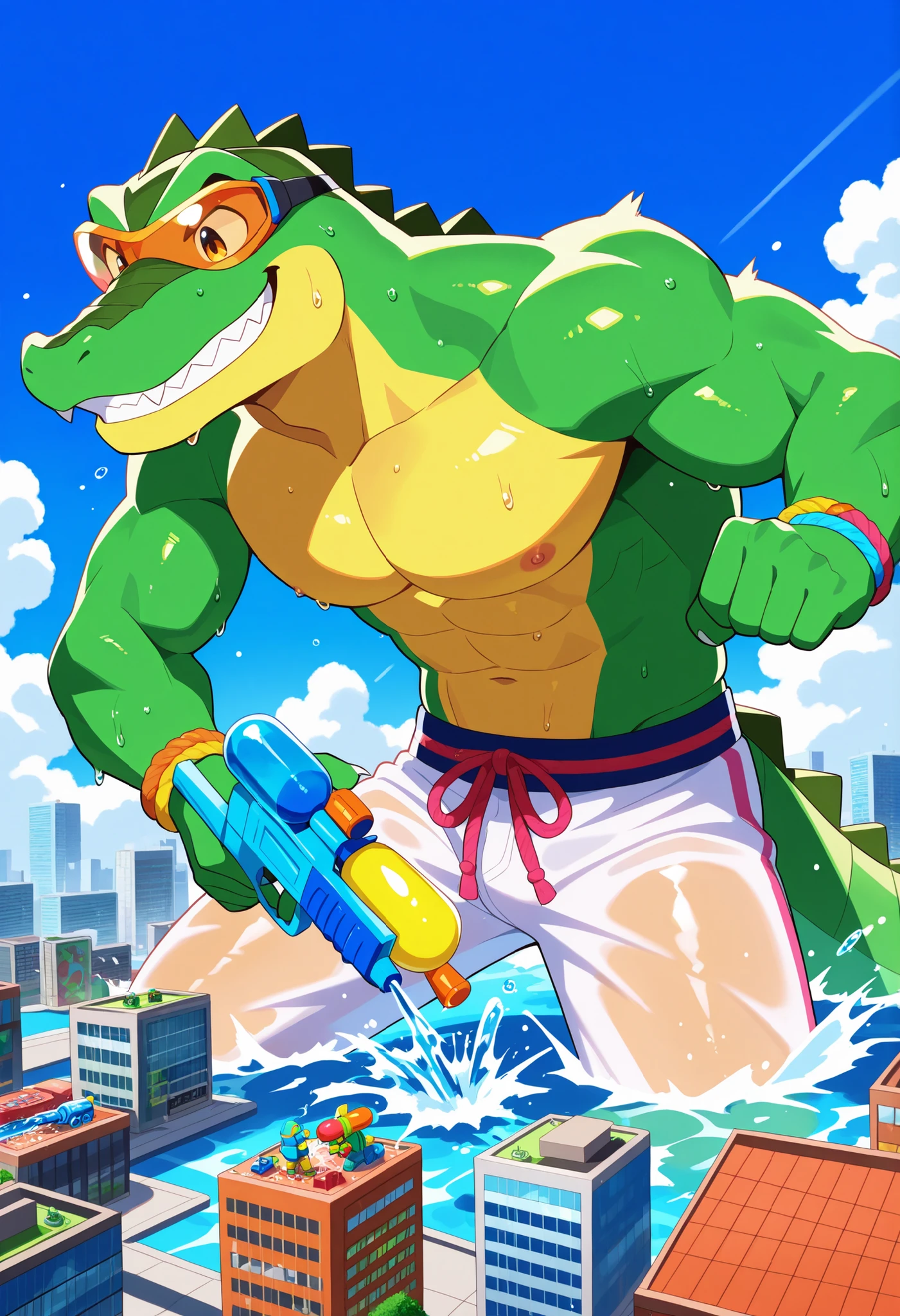 1boy, high quality, detailed, muscular, black pants, underwater, dolphins, sharks, short hair, shirtless, blue water, bubble water, bright yellow lighting, strength, smile,