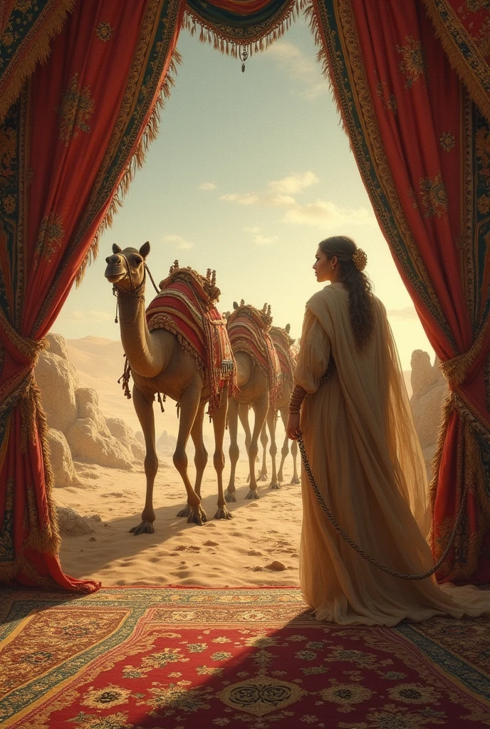 Desert Princess, Masterpiece, high resolution, Realistic, Detailed Description, Anatomical integrity, Camel decorated with a tiara and royal attire, smiling proudly with long lashes down, A smiling Arab royal girl of about 10 years old watches over a camel., Surrounded by the royal family's retainers, Royal palace in the desert, Camel in focus