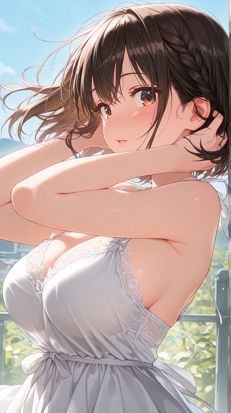 独奏、NSFW、(Arms raised to show armpits、Armpit Hair)(tall、Toned body、slim body、Brown Skin、Sunburn、Big Breasts)、(Slanted Eyes、Sharp Eyes、Dark Eyeasterpiece))、((Highest quality))、((detailed)、((Adult female))、(((Light brown skin)))、((Long black hair ponytail))、photograph、美しくdetailedな顔、detailedな目、Bright smile、Outdoor、(Sleeveless white dress、Sexy one piece、Semi-transparent lace dress)