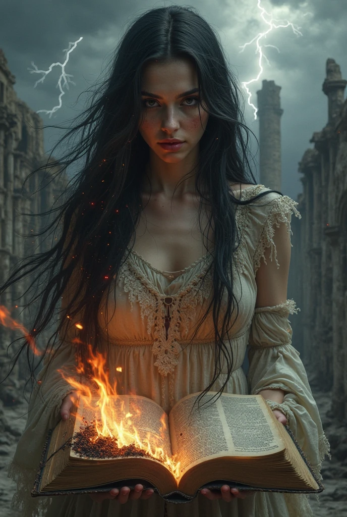 witch ,eternity ,burning village ,evil smile ,dark forbidden Magic devil book , flat chest , slim , very long pitch black hair , red eyes , veins, possessed by the Devil ,dark damaged robe