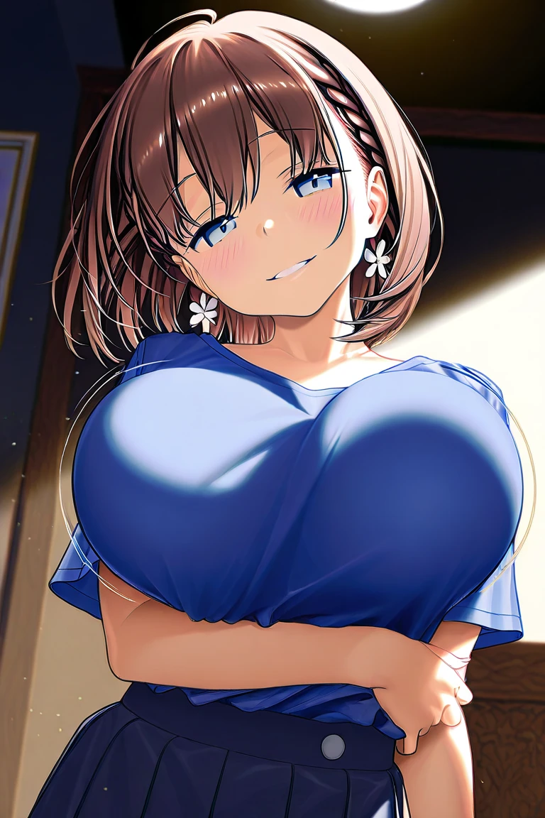 1990s \(style\), retro artstyle, 1990s anime cels style, best quality, high resolution, brown hair, bobcut, huge breasts, maid, frill, blush, embarrassed, choker