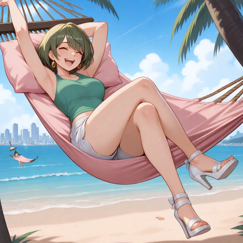 masterpiece, best quality, 1girl, red hair, curly hair, short hair, green eyes, yellow swimsuit, smile, sitting, feet up, soles, beach, ocean, sand,