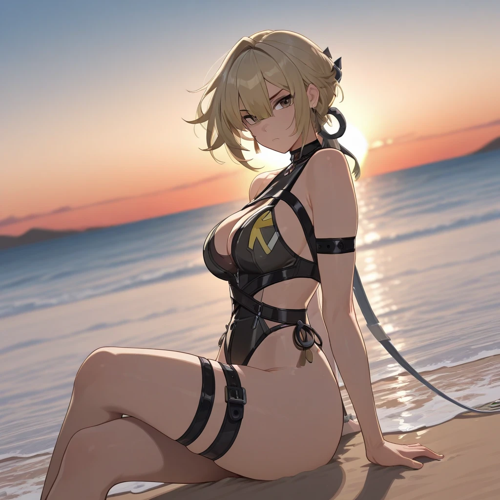 (Original Character、Unity 16K Wallpaper, Masterpiece, Best Quality, Ultra-Detailed, Extremely Detailed CG, Caustics, Cinematic Lighting, Detailed, Beautiful Detailed Eyes, NSFW:1.8, solo、oily skin、cleavage、8yers old), Ultra High Resolution, fine skin, (cute: 1.2, colorful bikini), (strong light),separate swimsuit、outdoors、vivid、coast、all fours、clavicle、 realistic girl、crossed legs、yellow hair,((thick outline、black outline、child figure))