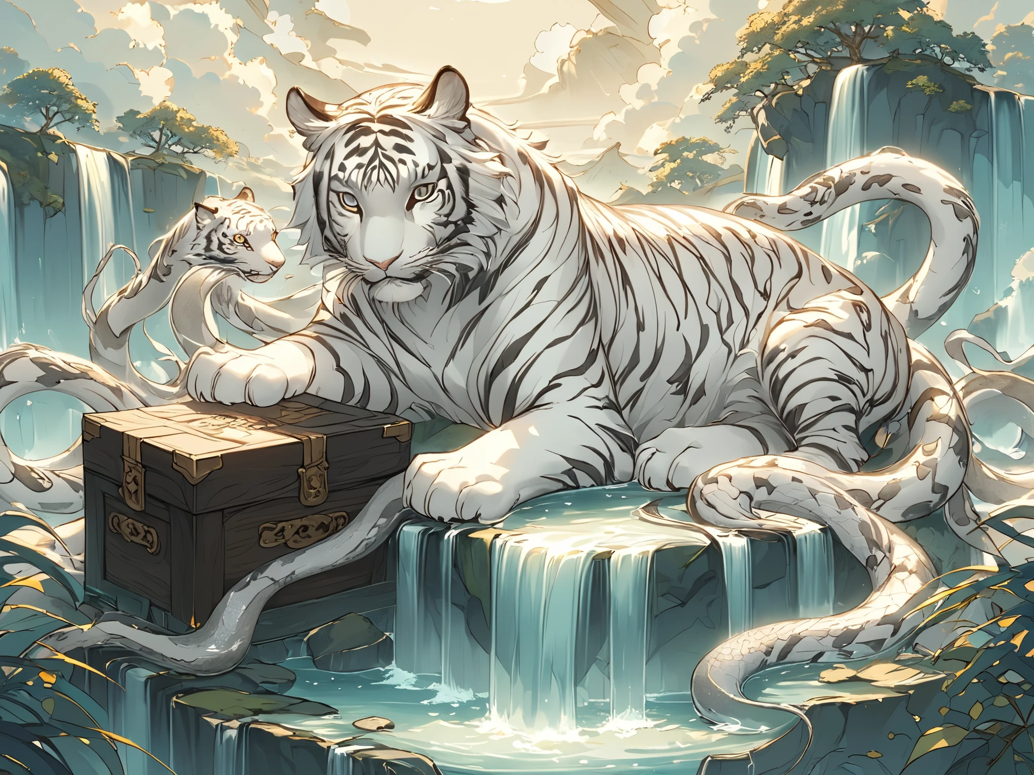 8K, RAW Photos Box, better quality, masterpiece: 1.4, Ultra-high resolution, extremely detailed, soft lighting, scenery, beautiful, massive white tiger with two snake tails, clouds, waterfall, ((guó huà artstyle)),