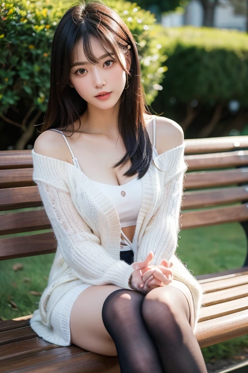 (64k,RAW photos,best qualtiy,masterpiecel1.4),(realisticlying,photograph realistic:1.37),Photos of Japanese girls,Wear a loose and oversized black jacket,White sheer camisole,naturey(big cleavage breasts:1.25),(small:1.4)shorter pants,looks away,seduct smile,(Kpop idol),messy hair,Short hair,(Pink blush),(illuminating),Wooden bench,sitted,spread their legs,spread their legs,(独奏),dynamicposes,(erected ),(femele), (puffy eye:1.3), (delicate leg), hdr, highly detailed, Environmental occlusion, exteriors, natural park, Harmonious composition, fine art photography,Liuhai