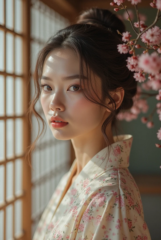 An elegantly dressed Japanese woman in natural light、A close-up of her chest and calm expression.、It shows her inner peace and outer charm.。Back view