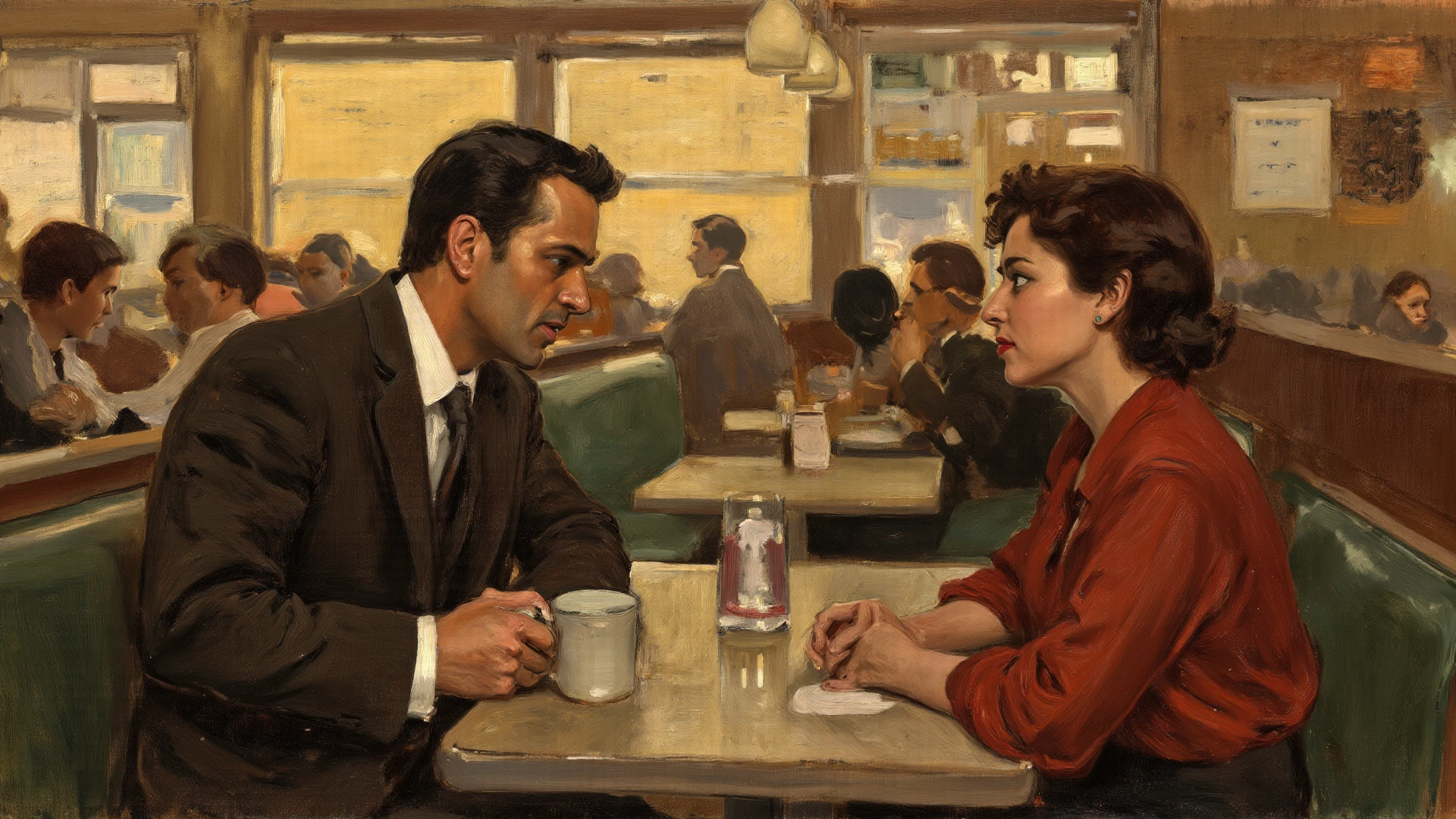 A couple sitting happily facing each other at a table in a jazz bar, drinking together, Then Martin, Then Martin artwork portrait, diner scene, film noir jazz bar, drawn in a neo - noir style, neo - noir style, Neo-Noir Setting, neo noir style, inspired by f.. scott hess, Thomas Dalziel, film noir realistic, inspired by f. scott hess