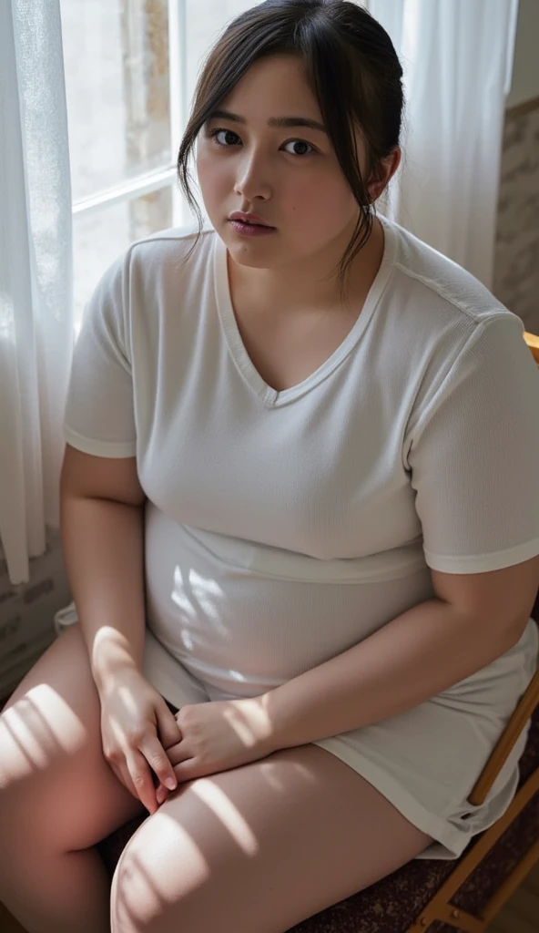 a 10 year old obese girl, chubby cheeks, round face, double chin, thick arms and legs, wearing a , sitting on sofa, realistic, detailed, highly detailed, intricate details, photorealistic, 8k, masterpiece, cinematic lighting, dramatic shadows, vibrant colors