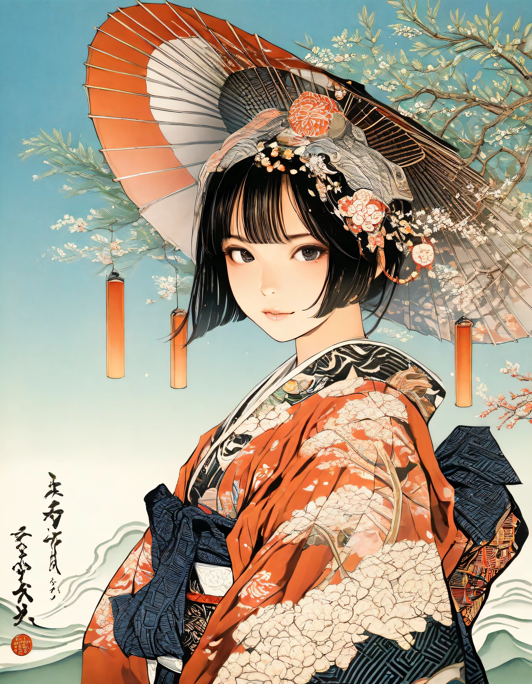 1girl, year 2016, upper body, ukiyo-e, Edo, blue sky, masterpiece, high score, great score, absurdres, 16k, Ultra detailed, (photorealistic : 0.5)