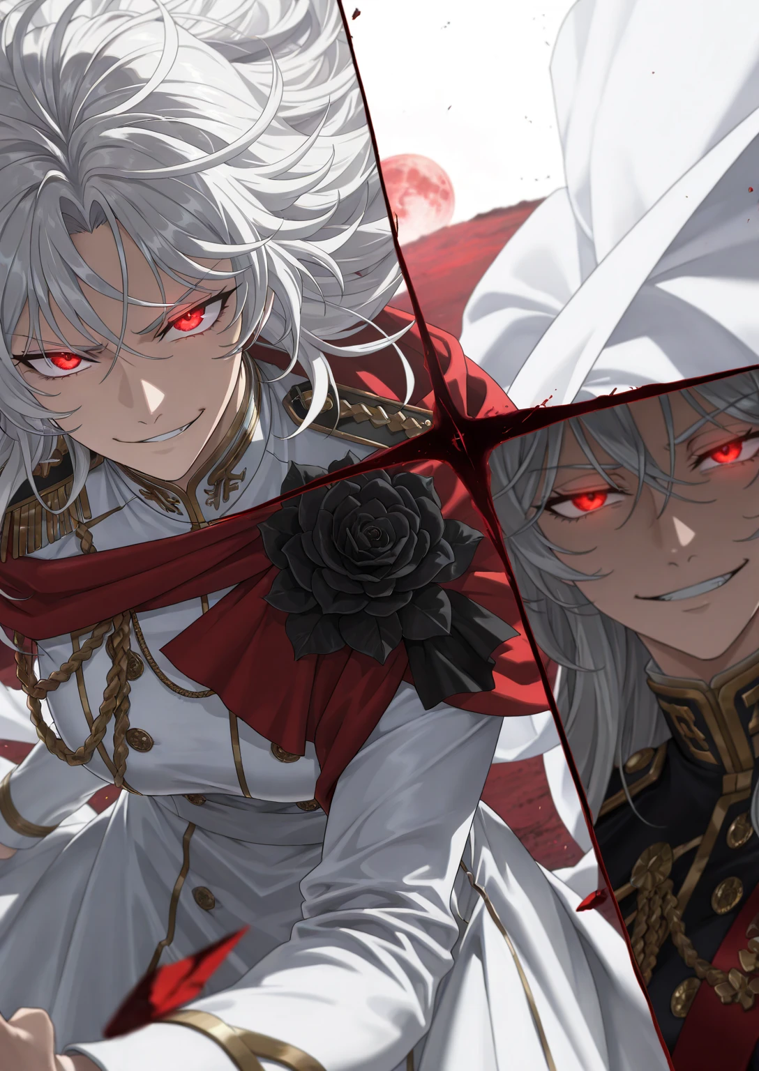 uma mulher com longo, long white hair with lifeless bright red eyes wearing a black military cap with gold details with a red military uniform with black with an insane face with a necklace with a star gear 5 with smiling smoke