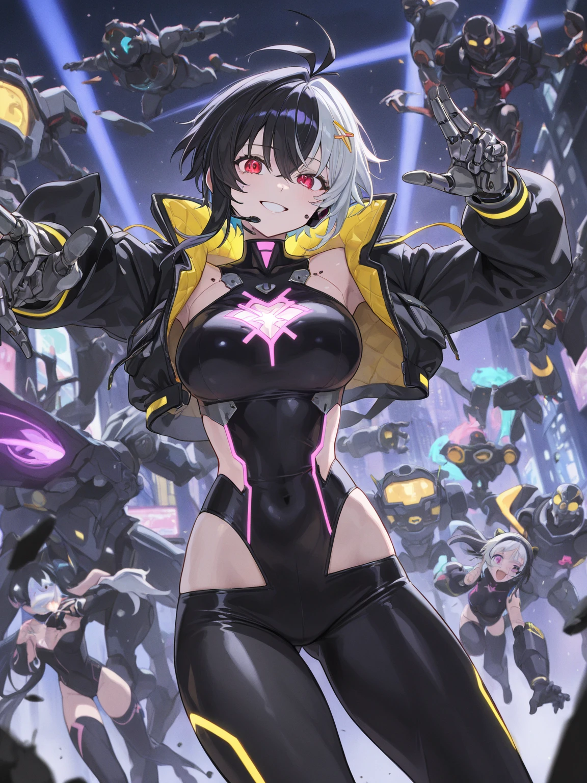 High resolution,  hyper detail, Young woman with dark hair, neon、stupid reply, high star piece:1.4), Super detailed, 1 girl, From above, space, floating、Glossy black tights