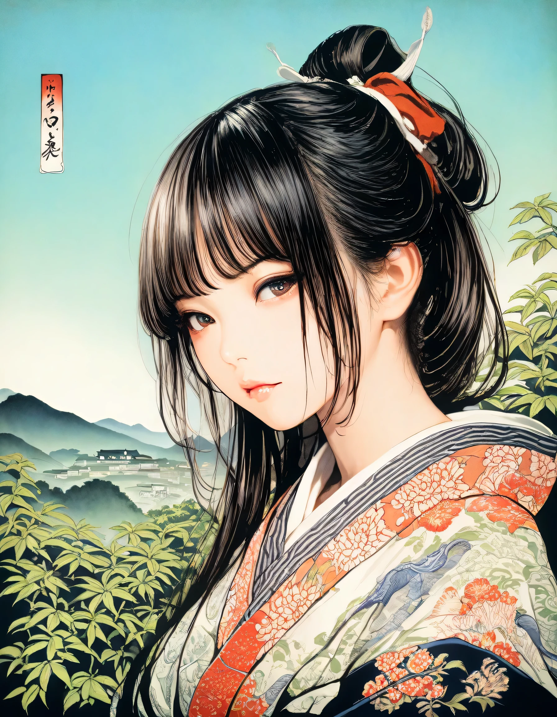 1girl, year 2016, upper body, ukiyo-e, Edo, blue sky, masterpiece, high score, great score, absurdres, 16k, Ultra detailed, (photorealistic : 0.5)