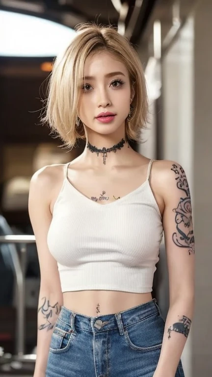 Realistic photography, Beautiful Young japanese Female, large breast, (chanel blonde hair), ((old school tattoos)), no bra