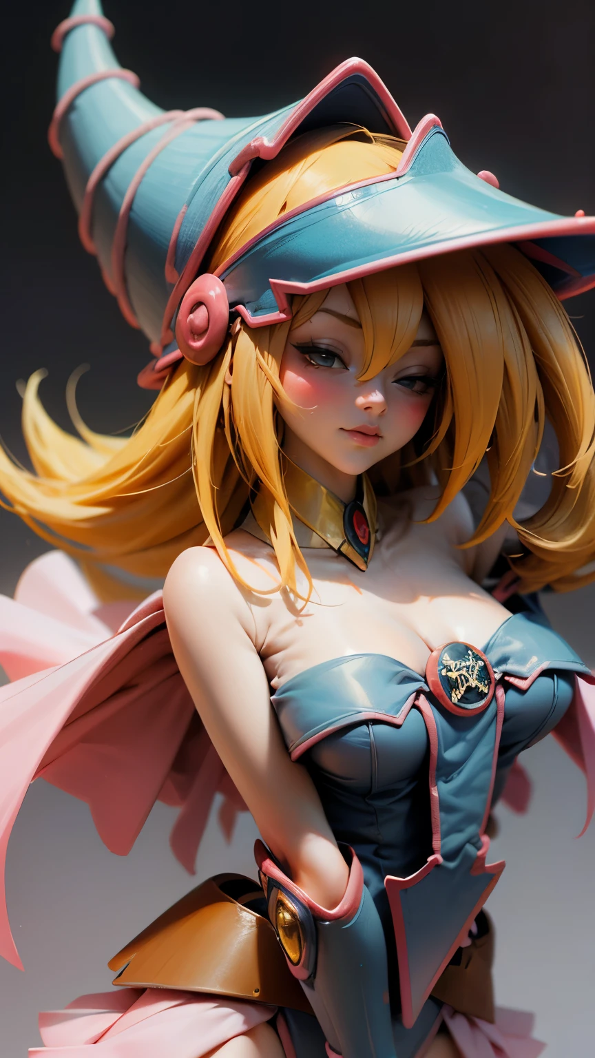 half body shot de dark magician gils. Beautiful face of dark wizard gils.. blue eyes. long and thick eyelashes. pink lips. white teeth. Golden Arts. gold necklace. long blonde hair. pink blush on the cheeks. brio in the eyes. Glass and neon eyes. flirtatious smile. half body shot.