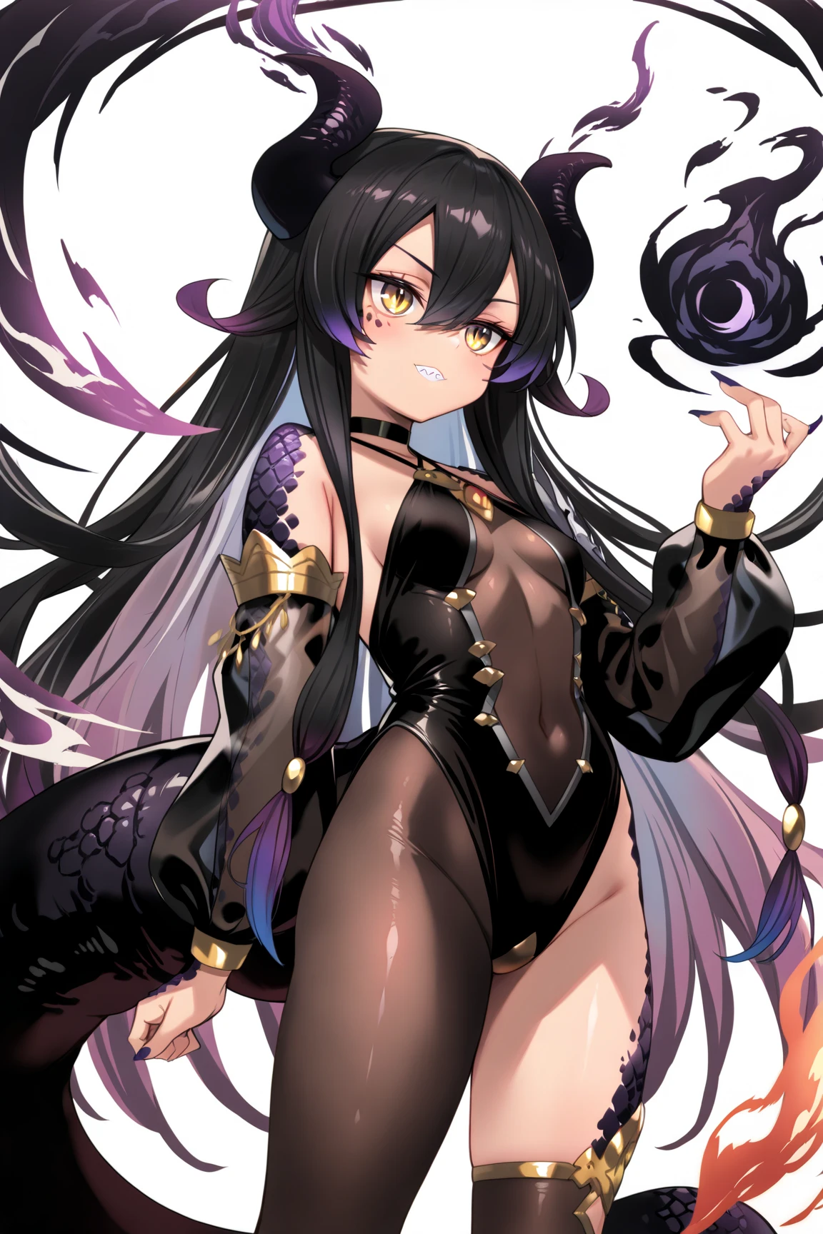 Highest quality, masterpiece, Ultra-high resolution, female、Big Breasts、Dog Beastman、tail、Darkness Fell、Darkness attribute、Sick Heart、Black purple hair、Sick face、Negative aura、Ready your spear、Food、Strange line tattoos all over the body