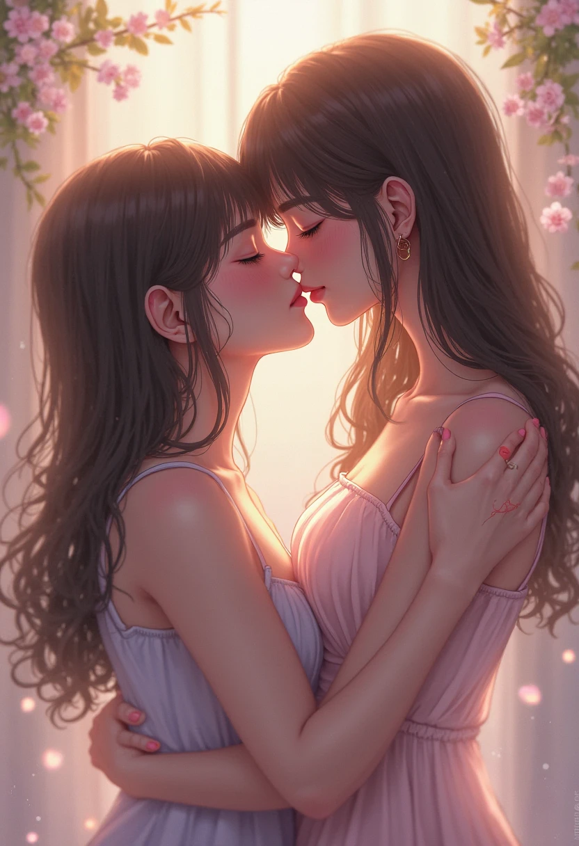 (((best quality))),masterpiece,ultra high resolution,(ultra high definition),(movie quality:1.3),(movie lighting),(low light environment:1.4),Couple in love kissing woman in yukata on Japanese country road, (SFW) Work, kissing together cutely, (((Girl Love Art))), OPPEIN, Side milk, Slightly saggy big breasts, small breasts, (((Very long wavy blonde hair))), (((Straight brown hair with side bangs))), (girl love kiss), The mouth is very detailed,  (girl love hug), touch her hand, touch her clothes, touch her breasts, (((Hands touching her breasts))), sit on lap, Long hair fluttering in the wind, SFW version