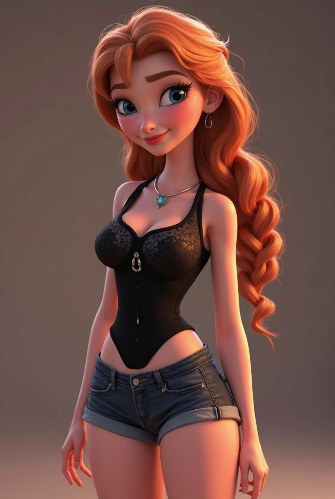 seducing young woman, 1girl, ginger hair, blue eyes, looking at viewer, smiling, squatting, front view, spreading legs, black corset and lingerie, strapless, medium Breasts, naked shoulders, Long Legs, black platform heels, touching her Breasts, simple background, 