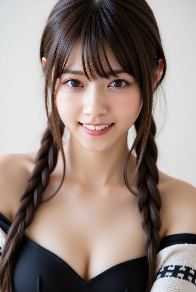 highest quality, Realistic, 8K, High resolution, 1 Girl, woman, (Skin dents), (Portraiture:0.6), nice, ((White Background, Completely naked, Small breasts:1.65)), (Brown hair in braids, Parted bangs:1.4), Watching the audience, (1 Girl eyes Watching the audience:1.6), Realistic, (Bokeh), (Closed Mouth, smile:1.3), nice, Purelos Face_V1:1,Completely naked、