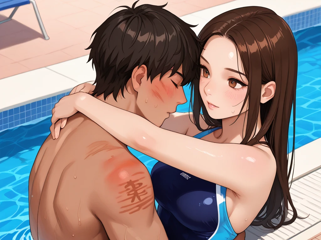 1boy, 1girl, hetero, closed eyes, tongue kiss, tongue out, sitting, partially submerged, hot spring, waterfall, breast press,(swimsuit), hugging, soaking wet, abs,