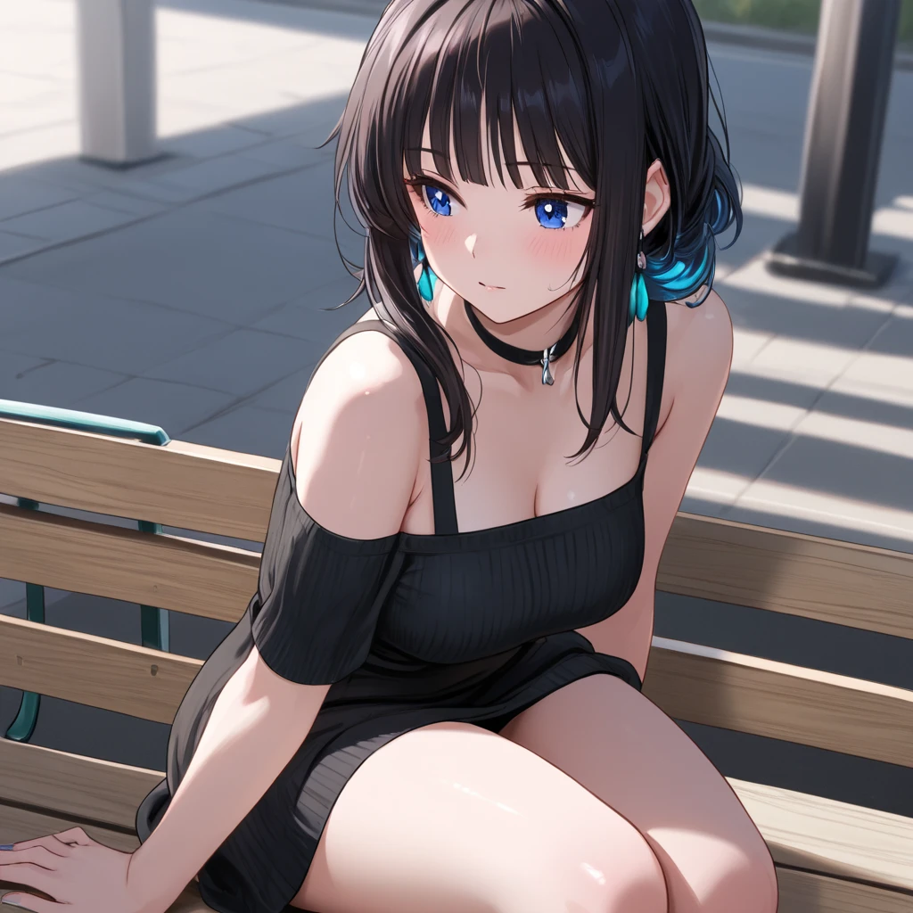 (masterpiece、highest quality、High resolution、Realistic photo、Real looking skin:1.1)、 
(A woman sits on a bench at an amusement park with her legs closed:1.8)、 
(The length of the dress is so short that her panties are visible.:1.8)、 
(I&#39;m looking at her from a slightly higher perspective.:1.8)、 
(Provocative, grinning expression:1.8)、 
(She is wearing a black long-sleeved knit mini dress.:1.8)、
(The material of the dress is ribbed knit that shows the lines of the body.:1.8)、
(She is wearing black knee-length boots:1.8)、 
(The panties are red and have a pattern.:1.5)、 
(Brown medium hair:1.5)、  
(She is 31 years old and has a mature look.:1.5)、
(Location: amusement park bench:1.5)、 
1 Japanese Girl、solo、Full Body Esbian、Beautiful Eyes、Shining Eyes、Shining thighs、NSFW