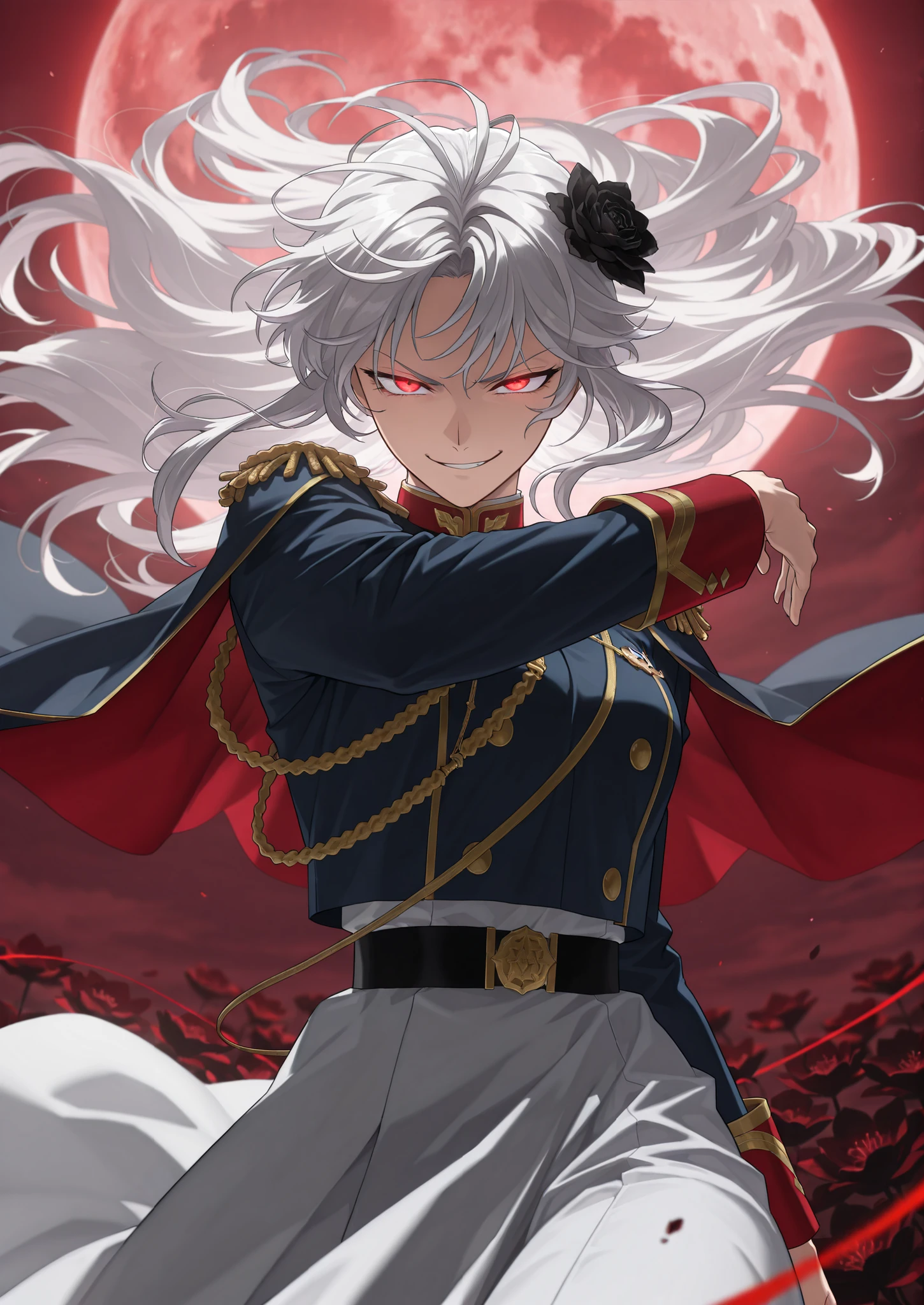 in the style of Solo Levelling, god rays, vivid colours, light stream, manhwa girl, detailed texture, detailed feature, masterpiece, UHD quality, [ 8K Resolution ], masterpiece, best quality, amazing quality, very aesthetic, high resolution, ultra-detailed, absurdres, (hands:-0.15), 
(1girl, beautiful, lady, young adult, female:0.95), (solo:1.3), alone,(dynamic pose, upper body focus, frontal, action shot, looking at viewer, close up, cowboy shot:1.2), white hair, messy hair, red eyes, glowing eyes, capelet, white dress, french royalty, flower ornaments, black flowers, blood moon, red moon, royal uniform, formalwear, officer's uniform, honor guard, (smirk, deranged smile, bloodlust, arrogance,:1.44),
BREAK, depth of field, volumetric lighting
 