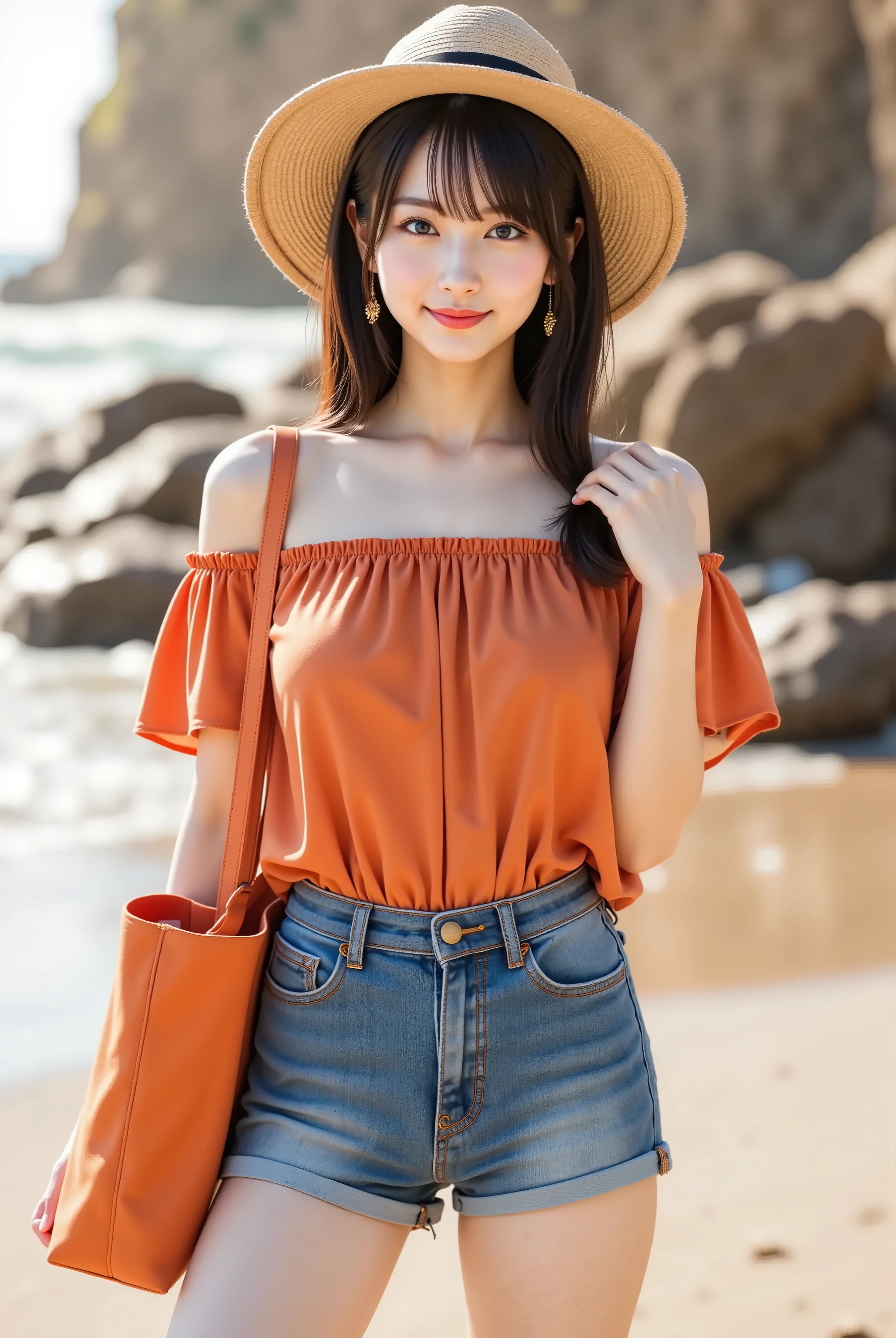 A beautiful young Japanese woman standing gracefully on a sandy beach with her left hand delicately positioned near her face, gently touching and holding a section of her braided hair that falls over her shoulder, while her right hand carries a vibrant orange canvas tote bag at her side, her body positioned at a three-quarter angle toward the camera with her torso slightly twisted to showcase her silhouette, her weight shifted naturally onto one leg creating an elegant stance, wearing a stunning off-shoulder orange ruffled blouse with elastic neckline that sits elegantly across her shoulders, featuring multiple tiers of soft gathered fabric that accentuates her full voluptuous bust with deep prominent cleavage creating an impressive silhouette, paired with high-waisted blue denim shorts that complement her slender athletic physique, accessorized with a classic wide-brimmed natural straw hat and statement gold hoop earrings, her hair styled in loose waves with sections braided, captured in photorealistic digital photography, composed as a three-quarter body portrait that emphasizes her confident beach pose and natural beauty, illuminated by warm golden hour sunlight that creates soft romantic lighting with gentle highlights on her facial features and body contours, featuring a warm color palette dominated by golden oranges, warm blues, and sandy beige tones, set against a breathtaking beach background featuring rolling ocean waves, dramatic rocky cliffs, and sunset light reflecting on the water's surface, with every strand of her hair rendered individually for maximum realism showing natural movement and texture as ocean breezes gently toss her locks, emphasizing her perfect proportions with particular attention to her full rounded bust that creates striking and prominent cleavage beneath the flowing off-shoulder design of her orange blouse.
